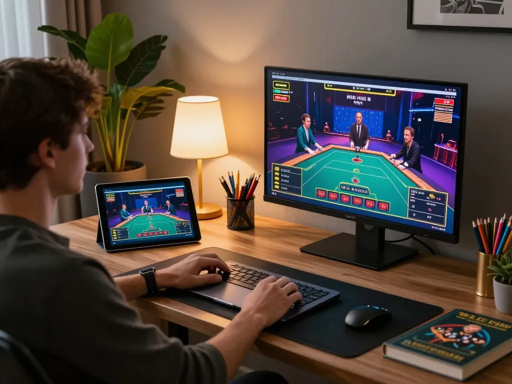Engaging in online casino gaming at 888top trang chủ with live dealer interface and strategic workspace.