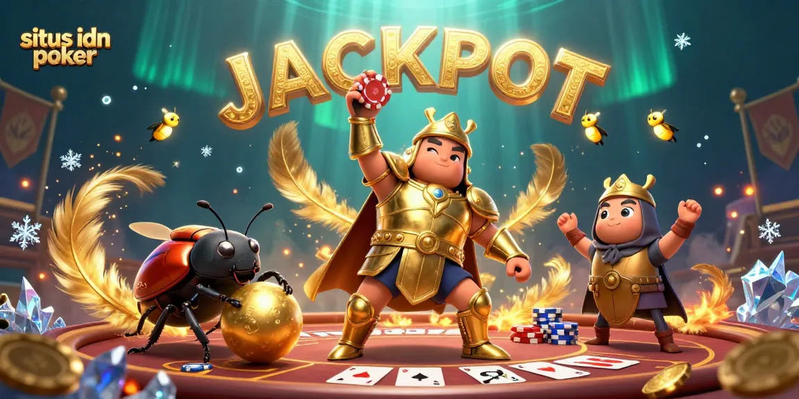 situs idn poker showcases a victorious beetle lifting a poker chip amidst a gaming arena