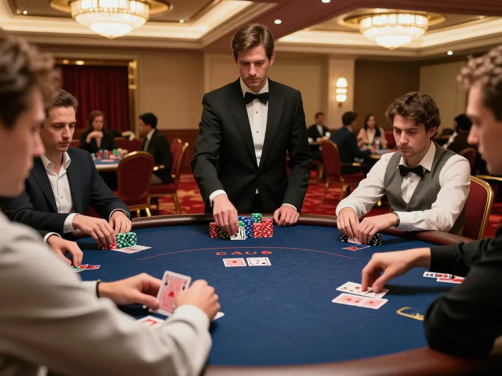 Players engage in intense poker game at upscale casino, showcasing sc888 chips and strategy.