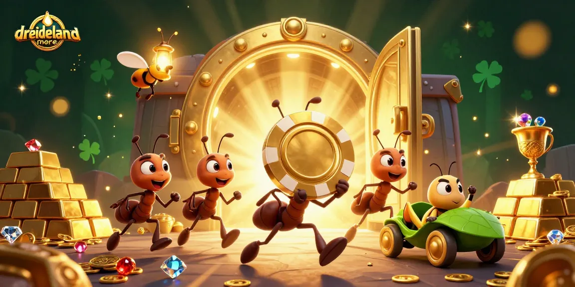 Win big at dreidelsandmore with 3D cartoon ants on a heist for golden poker chips in a vibrant casino scene.