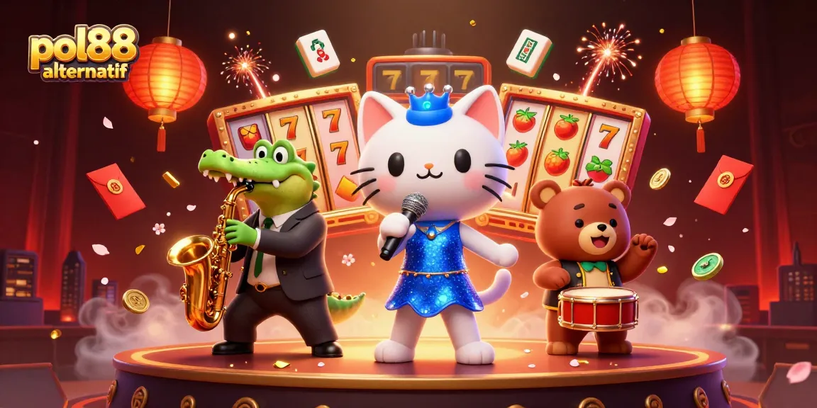 Ilustrasi 3D pol88 alternatif menampilkan kucing penyanyi jazzy dan karakter kasino penuh warna.