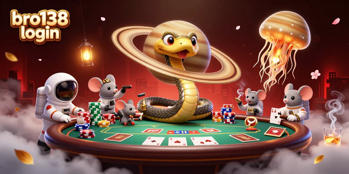 Experience the bro138 login excitement with a cosmic gaming scene featuring playful astronaut mice on a roulette wheel.