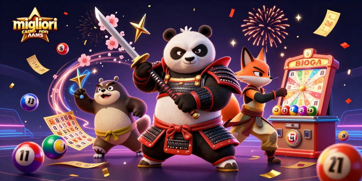 Migliori casino non AAMS in una scena dinamica con panda samurai, volpe ninja e tanuki spirituosi