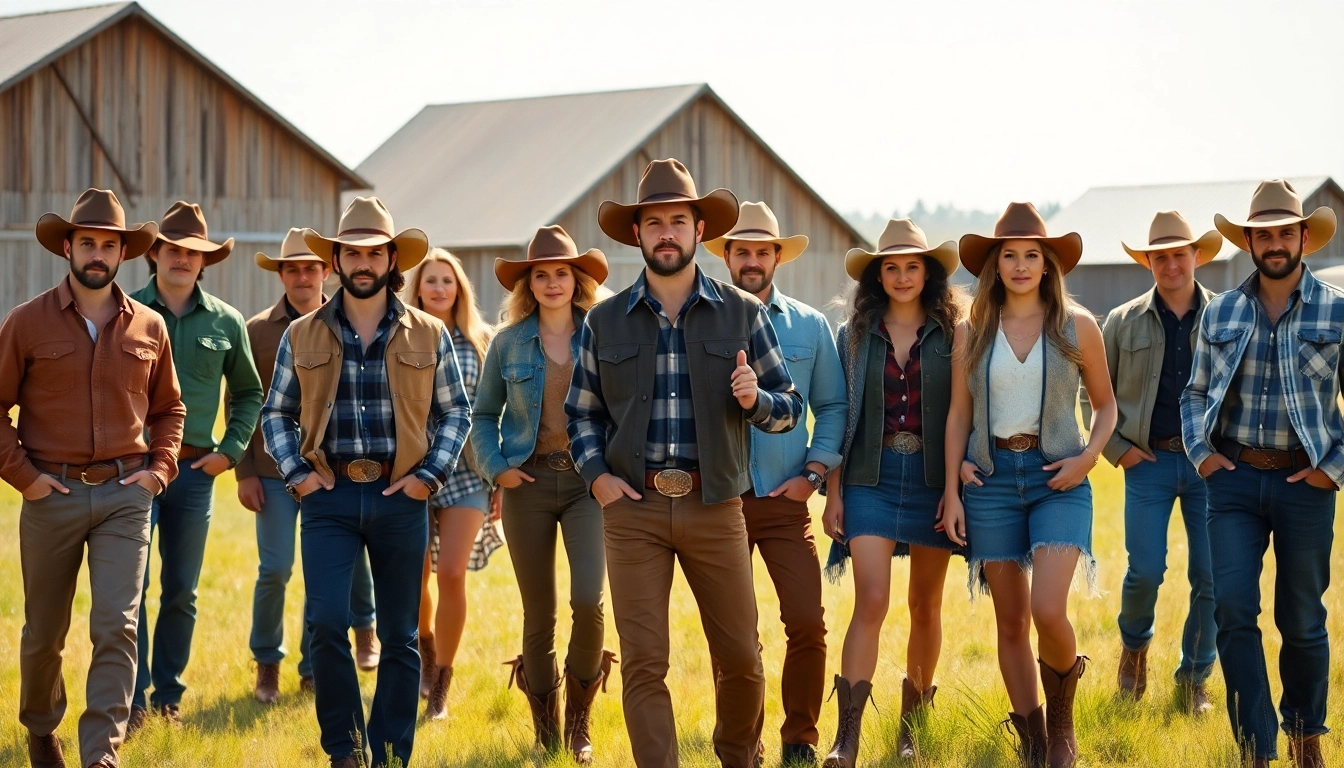 Individuals showcasing ranch wear Canada in an outdoor field setting with rustic charm.