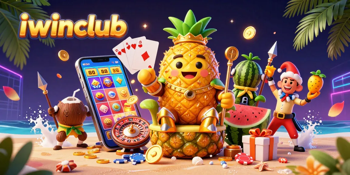 Experience exciting games at iwinclub, featuring a colorful slot game and vibrant casino characters.