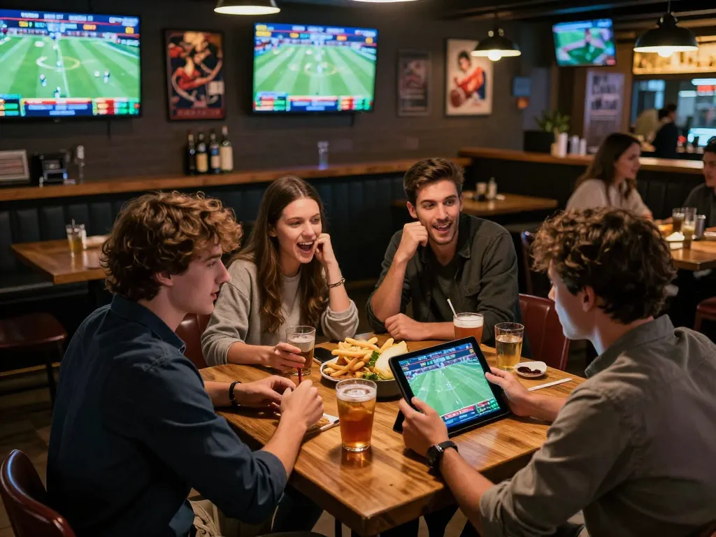 Engaged bettors watching games while placing live bets at NHÀ CÁI G28 sports bar, showcasing excitement and strategy