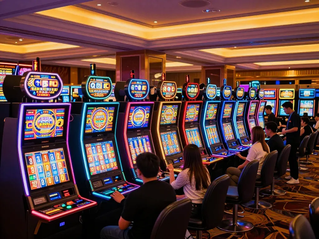 Players engaged in thrilling slot machine gameplay at QQ88 casino, vibrant atmosphere with colorful lights.