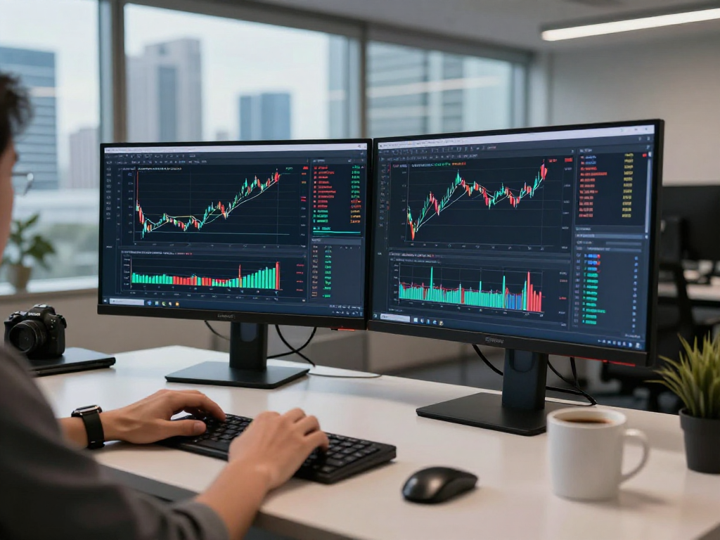 Utilizing Singapore stock backtesting API on dual screens in a modern trading office setting.