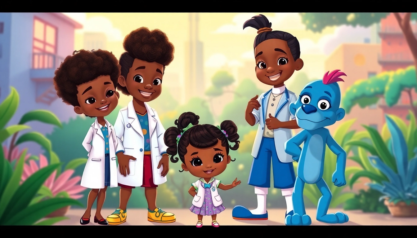 A colorful illustration of African American cartoons featuring iconic characters like Huey Freeman and Doc McStuffins in a joyful animated scene.