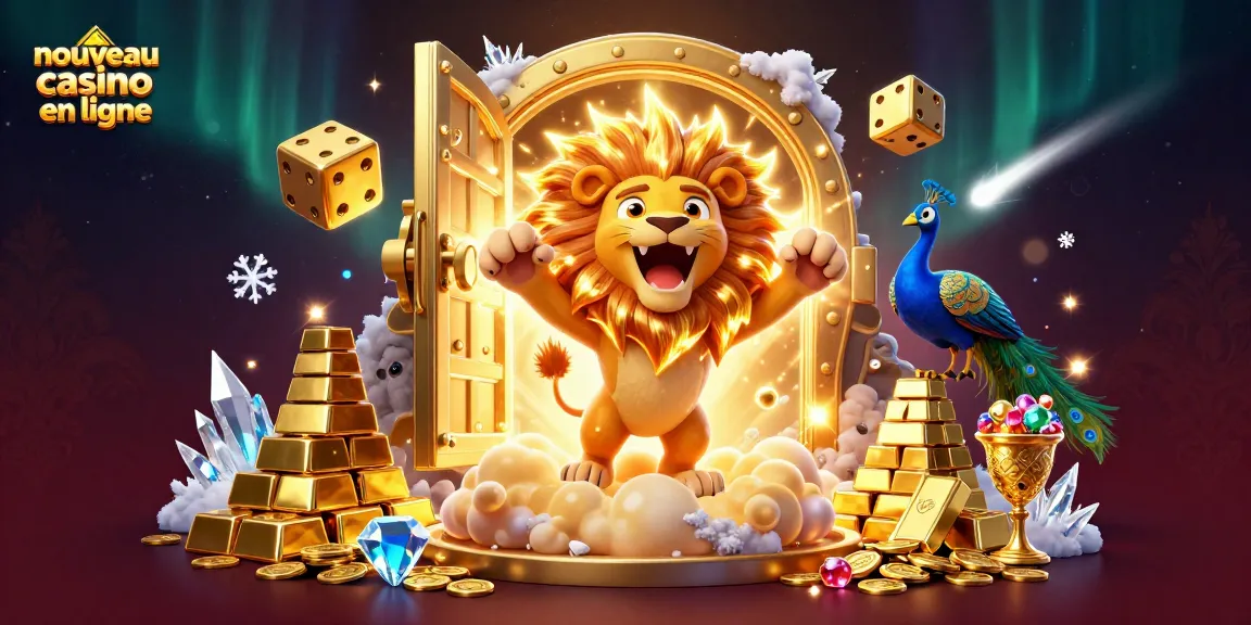 Casino dynamique avec le nouveau casino en ligne, lion solaire, dés dorés et trésors scintillants.