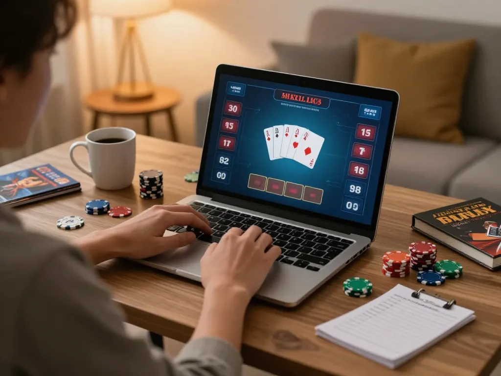 Engaging in online poker with NHÀ CÁI MB88 in a cozy home setting.