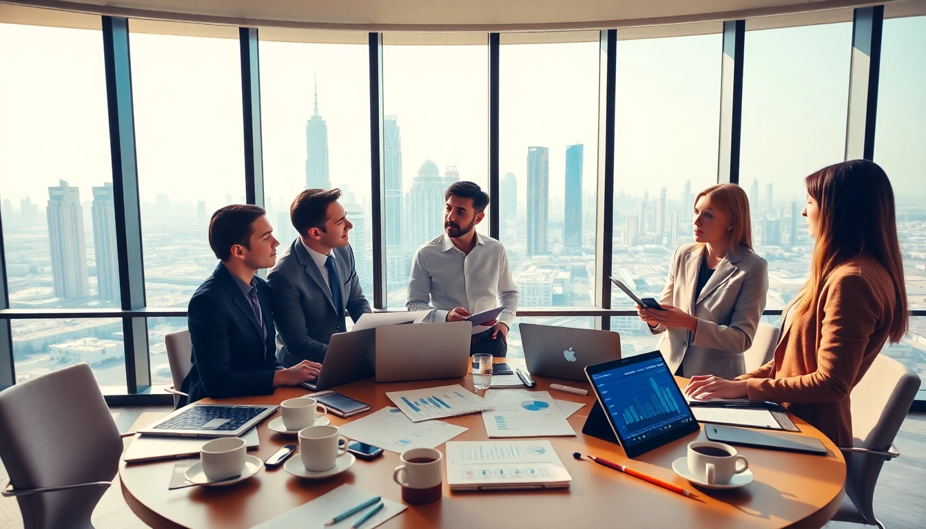 Engaging business consultants in Dubai strategizing in a modern office environment.