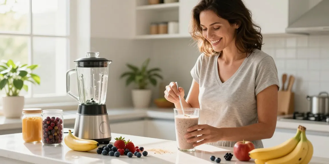 Preparing a nutritious shake with 佳膳益生 supplement in a modern kitchen.