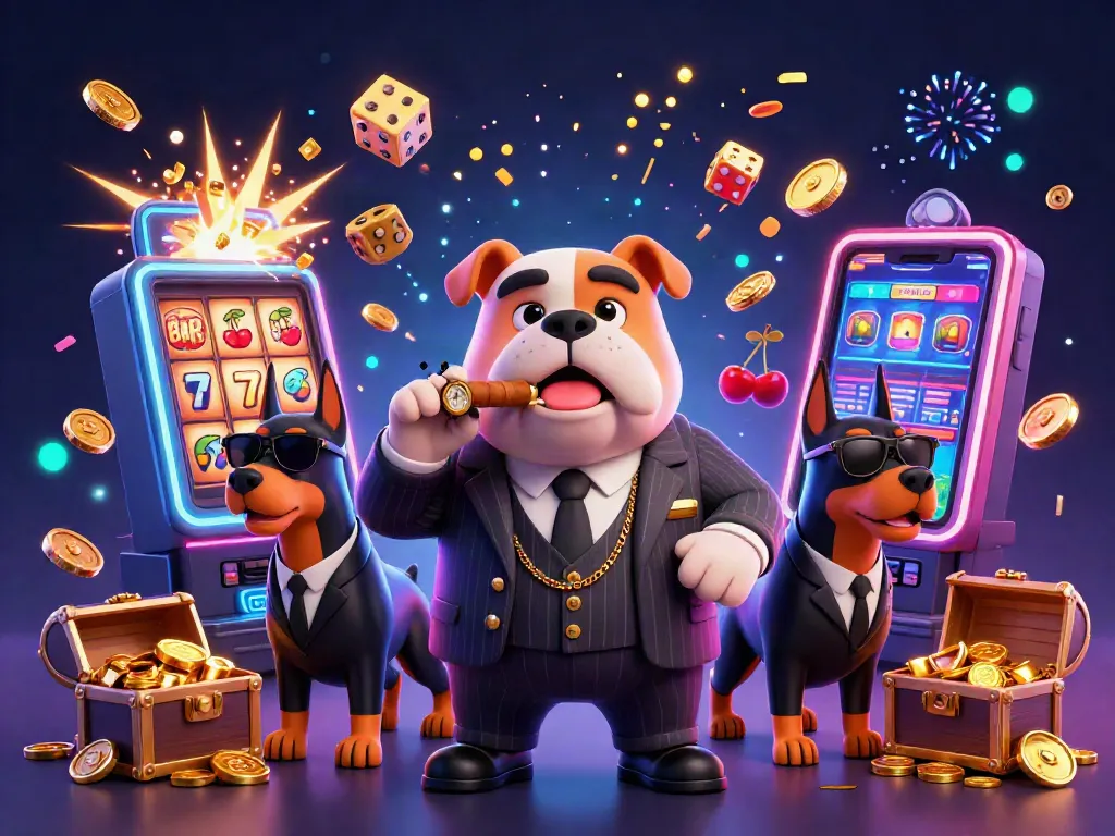 Spin to win with U31 at the casino, featuring a cartoon bulldog boss amidst jackpot excitement!