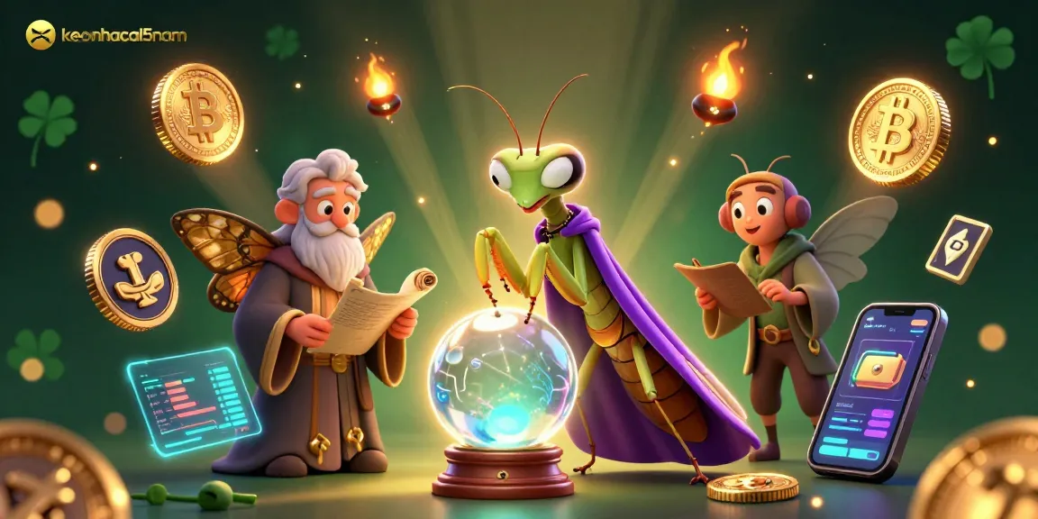 Engage with keonhacai5nam's vibrant fortune-telling scene, featuring mystical characters amidst cryptocurrency elements.