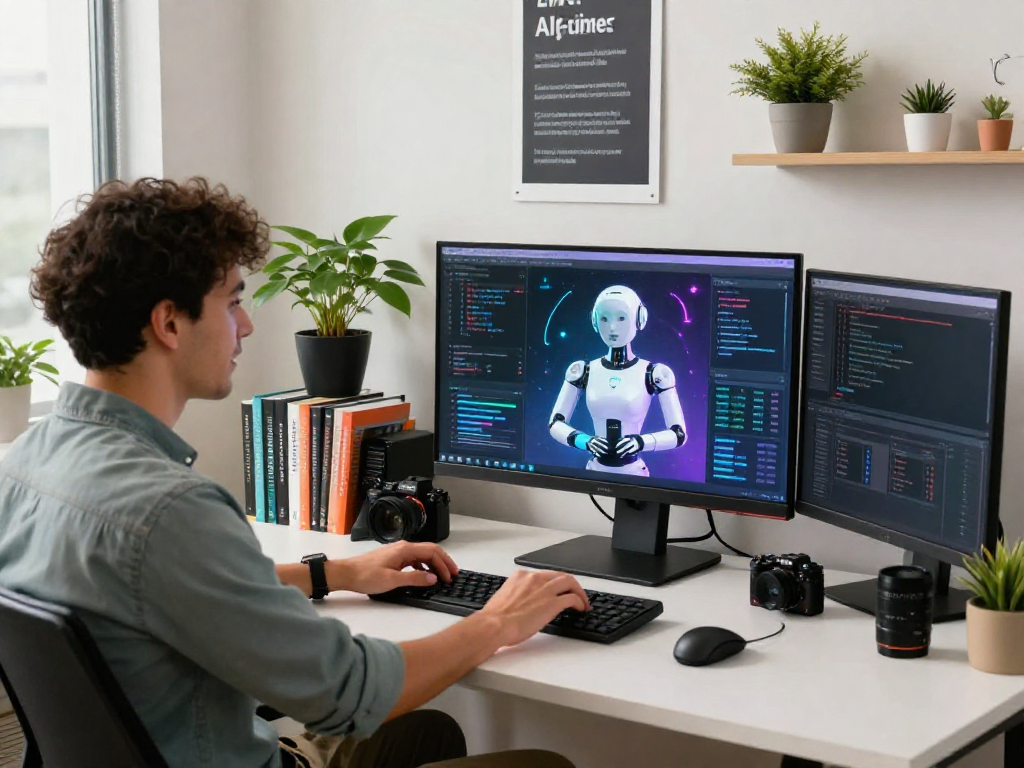 Engaging developer using an AI sex bot in a modern workspace, showcasing innovative technology.
