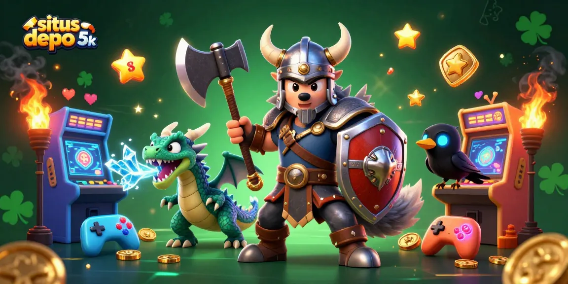 Engage with exciting gameplay at situs depo 5k featuring 3D Viking warrior, dragon, and immersive game machines.