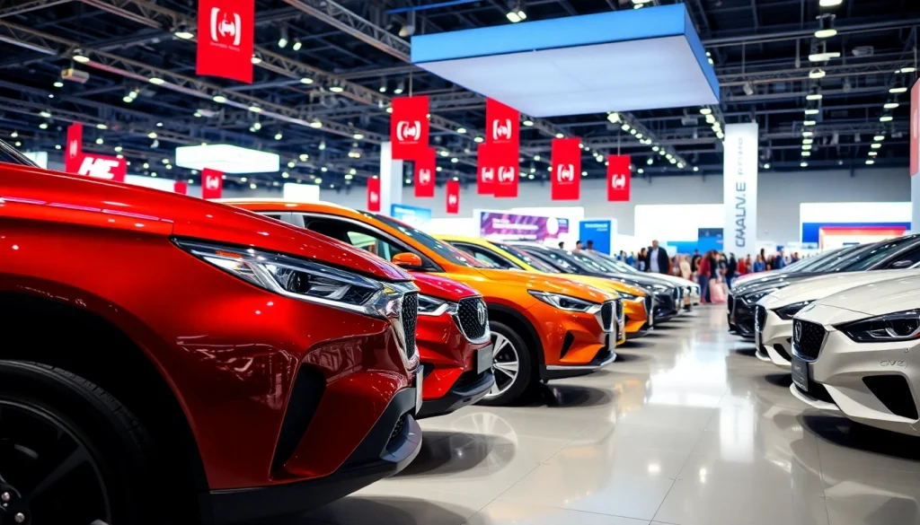 Auto Cars Show featuring diverse modern vehicles and energetic attendees in a vibrant setting.