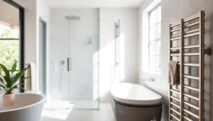 Sonni sanitär GmbH bietet elegante Badprodukte, darunter hochwertige Duschwände und Heizkörper, in einem modernen Badezimmer.