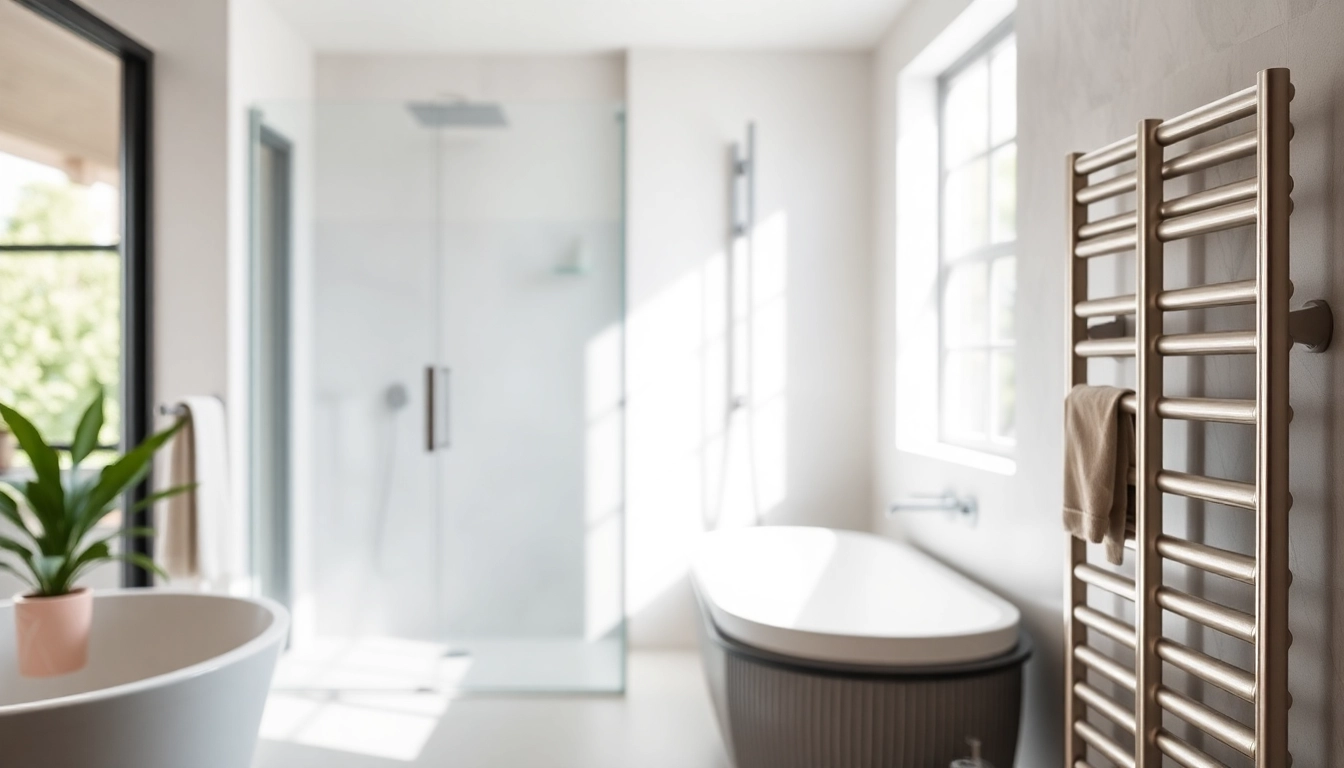 Sonni sanitär GmbH bietet elegante Badprodukte, darunter hochwertige Duschwände und Heizkörper, in einem modernen Badezimmer.