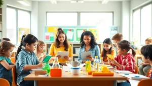 Students actively participating in interactive Education activities in a vibrant classroom.