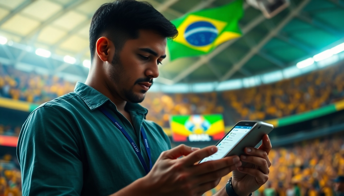 Engaging view of best sportsbooks Brazil with a bettor using a mobile app in a vibrant stadium.