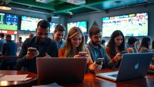 Engaged bettors exploring online sportsbooks India at a vibrant sports bar setting.