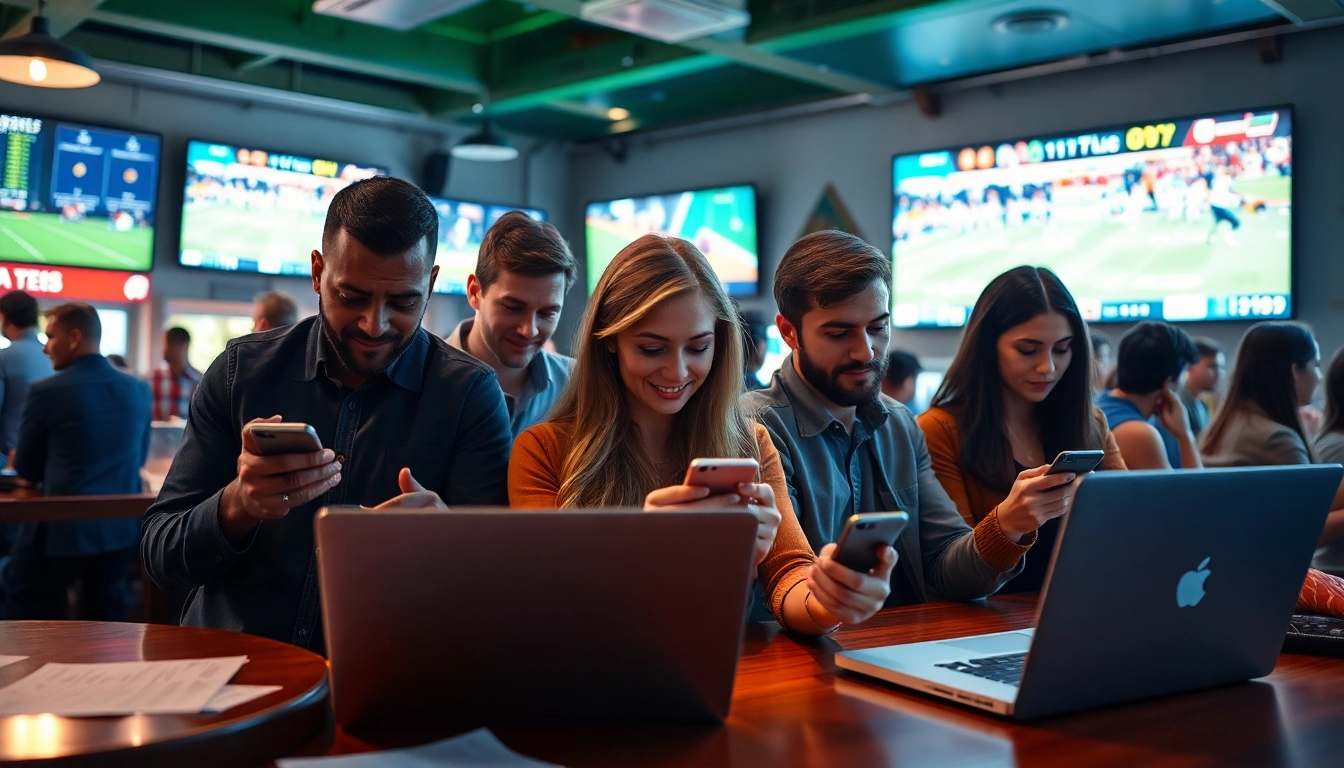 Engaged bettors exploring online sportsbooks India at a vibrant sports bar setting.