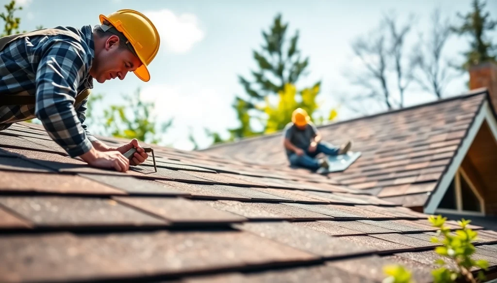 Showcasing professional roofing services, skilled workers repairing a residential roof with high attention to detail.