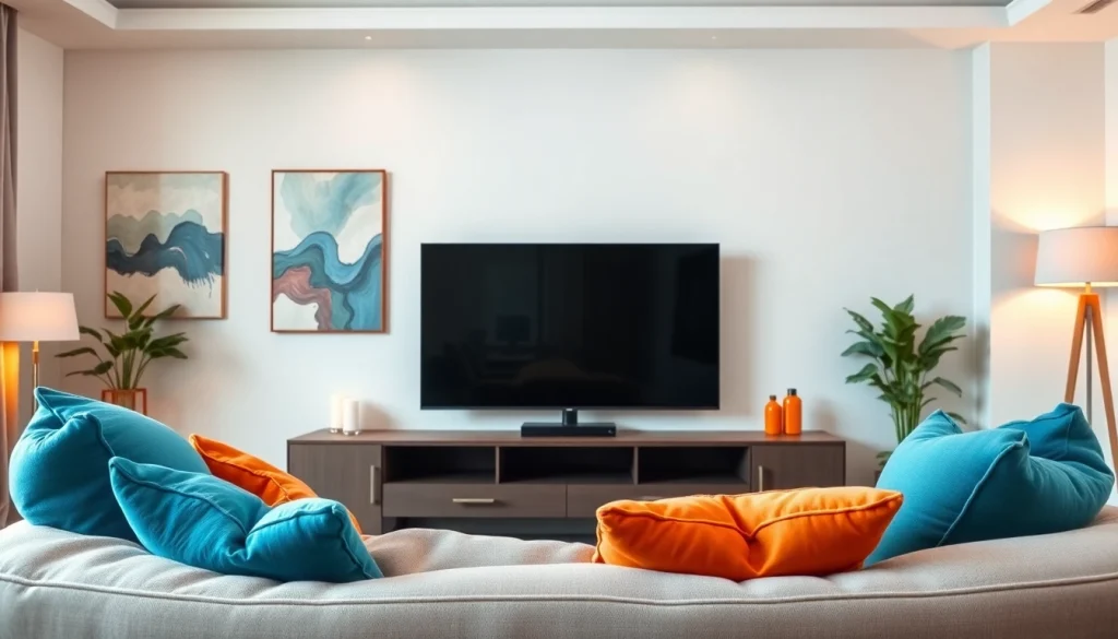 Showcase an iron TV in a modern living room setup with cozy decor.