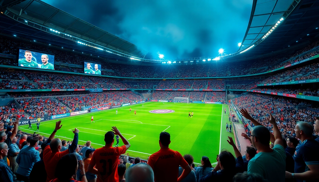 축구중계 중 실시간으로 경기를 관람하는 팬들이 가득한 장면