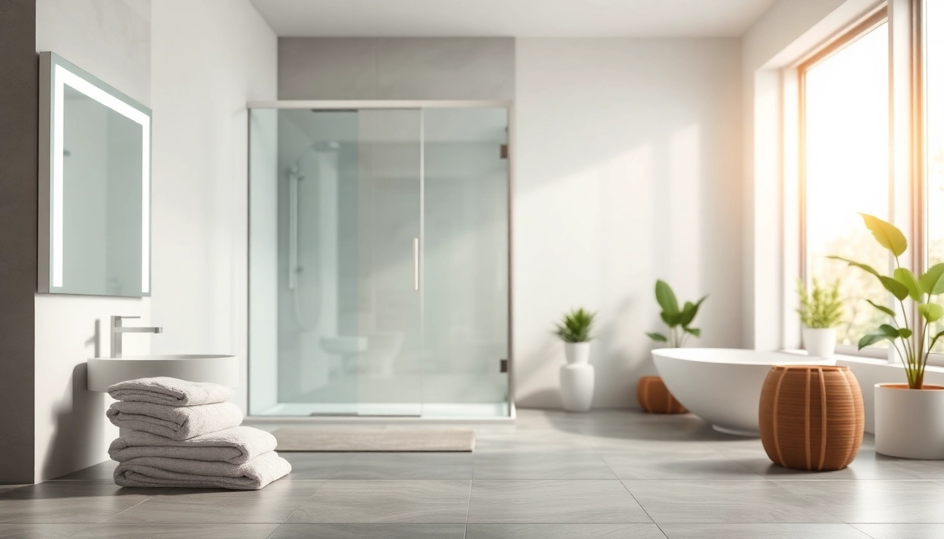 Sillonnant un espace salle de bain moderne avec sirhona fr, un miroir LED et une cabine de douche élégante.