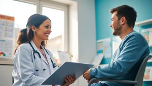 Doctor discussing Health advice with a patient in a bright clinic.