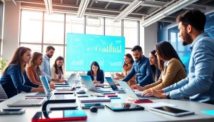 Illustration of professionals collaborating with technology, highlighting innovation and teamwork in Technology.