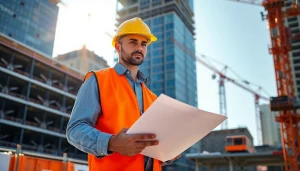 Manhattan Construction Manager evaluating site operations amidst active construction with blueprints.