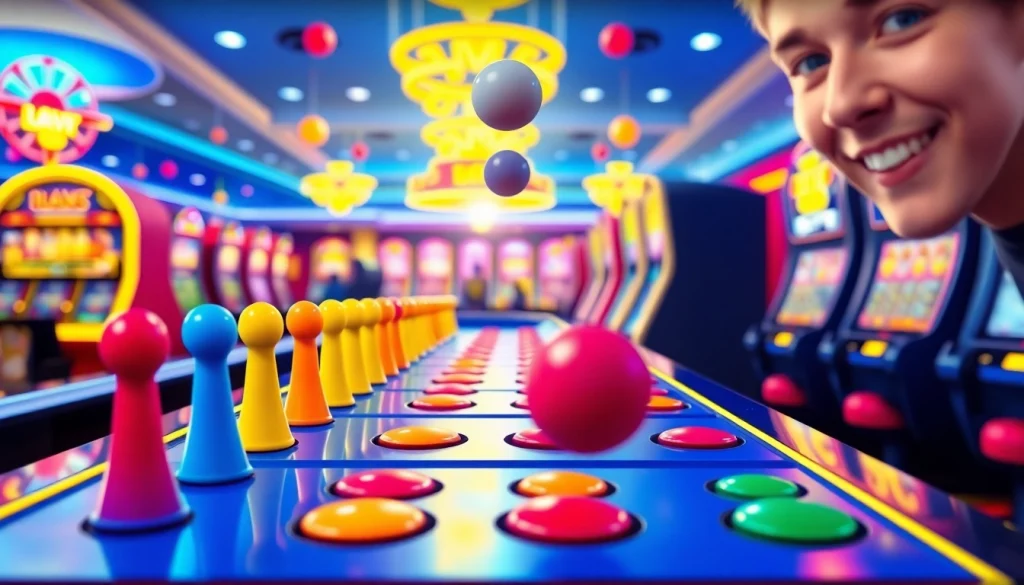 Permainan slot plinko dengan bola berwarna-warni jatuh di papan plinko yang ceria.