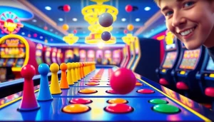 Permainan slot plinko dengan bola berwarna-warni jatuh di papan plinko yang ceria.