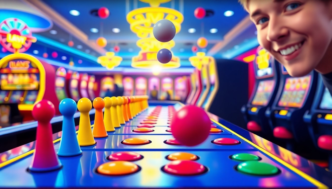 Permainan slot plinko dengan bola berwarna-warni jatuh di papan plinko yang ceria.