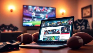 Engaging scene showcasing online sports betting Nova Scotia on a laptop surrounded by sports memorabilia.