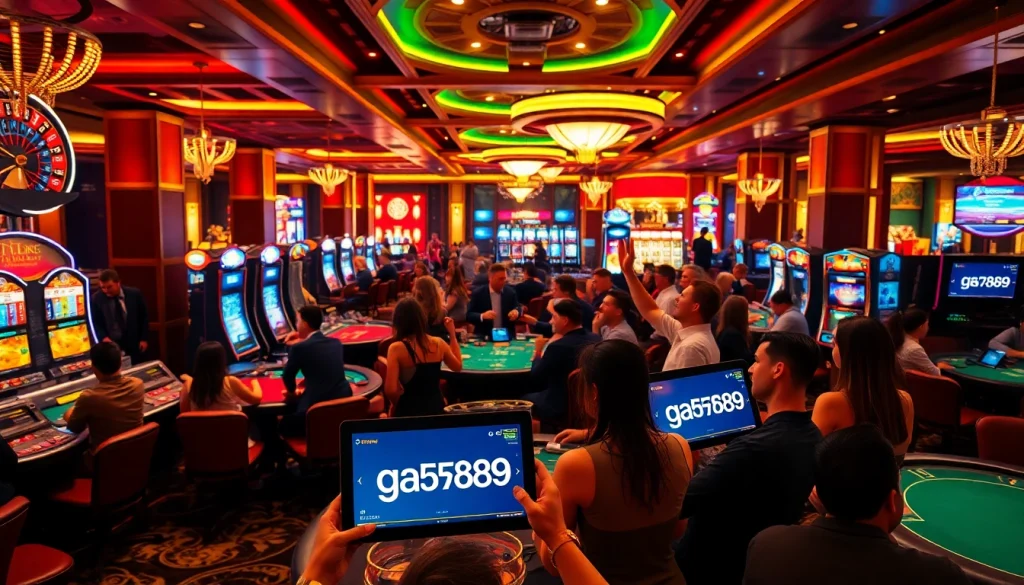 Excited players cheer at gaming tables and slot machines in a luxurious casino environment featuring ga6789.