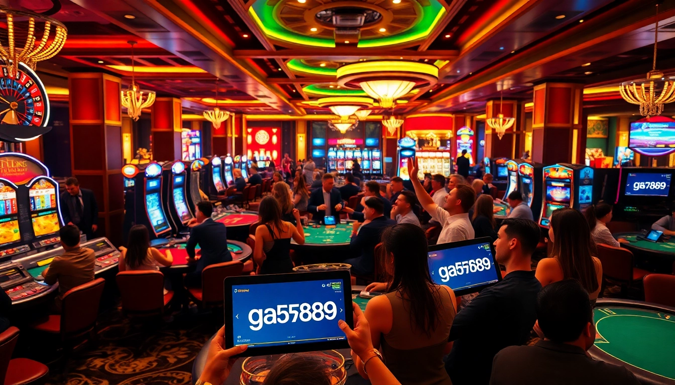 Excited players cheer at gaming tables and slot machines in a luxurious casino environment featuring ga6789.