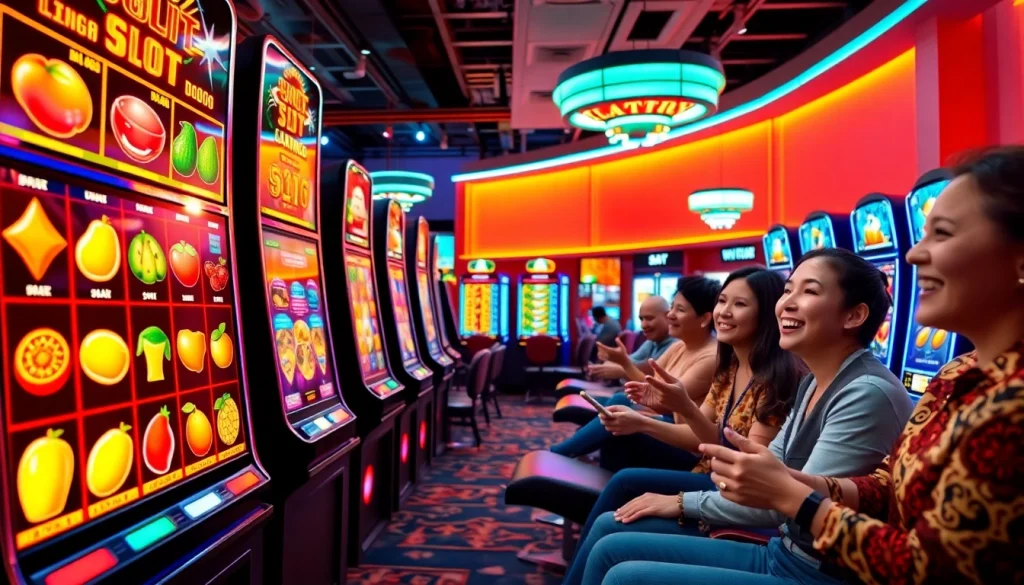 Exciting slot hoki gaming scene with vibrant slot machine visuals and joyful players.