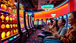 Exciting slot hoki gaming scene with vibrant slot machine visuals and joyful players.