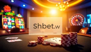 Experience the thrill of casino gaming with SHBET's luxurious poker table, captivating slot machines, and roulette wheel.