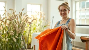 Linnen fabric sample showcased in a bright workshop with flax plants behind.
