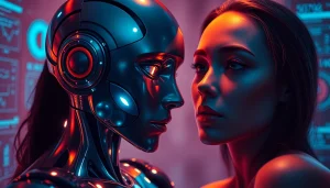 AI sex bot designed for intimate interactions in a futuristic setting with soft lighting and advanced technology elements.