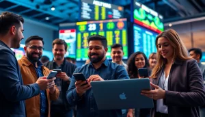 Engaged bettors participating in online sports betting Oklahoma in an energetic, modern setting.