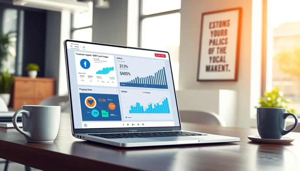 Showcase of a facebook smm panel dashboard on a laptop in a vibrant office setting.