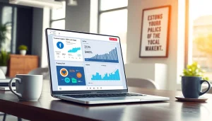 Showcase of a facebook smm panel dashboard on a laptop in a vibrant office setting.