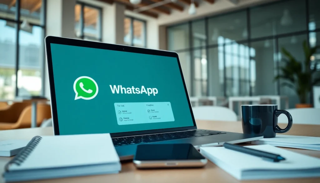 Showcase effective engagement with WhatsApp Business CRM on a modern laptop in a bright office setting.